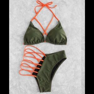 Olive and orange two piece bathing suit.